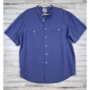 TravelSmith Mandarin Collar Shirt Mens XL Blue Check Short Sleeve Button Down